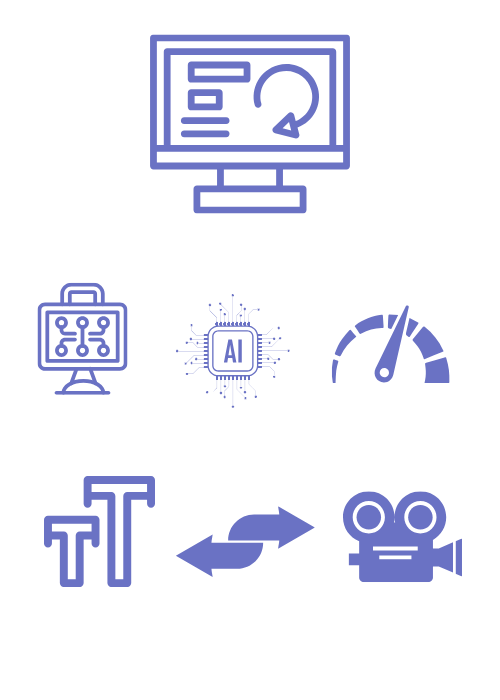 Icons showing features of a free online teleprompter including AI script generation, speed control, font customization, mirror mode, and responsive design